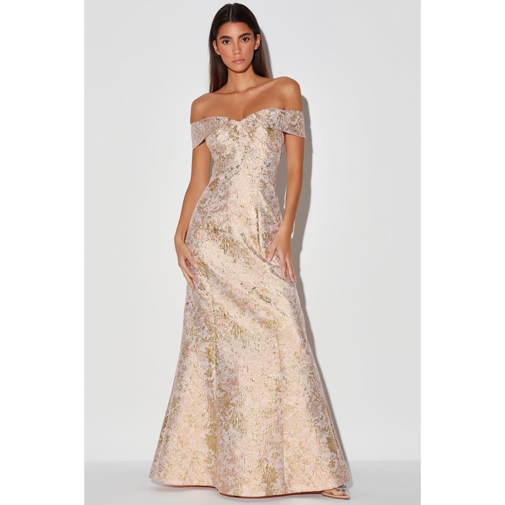 NEW Lulus Illustrious Champagne Jacquard Off-the-Shoulder Maxi Dress Size L